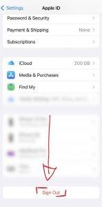 Iphone screenshot showing a button labelled with the words 'sign out' at the bottom of the icloud menu