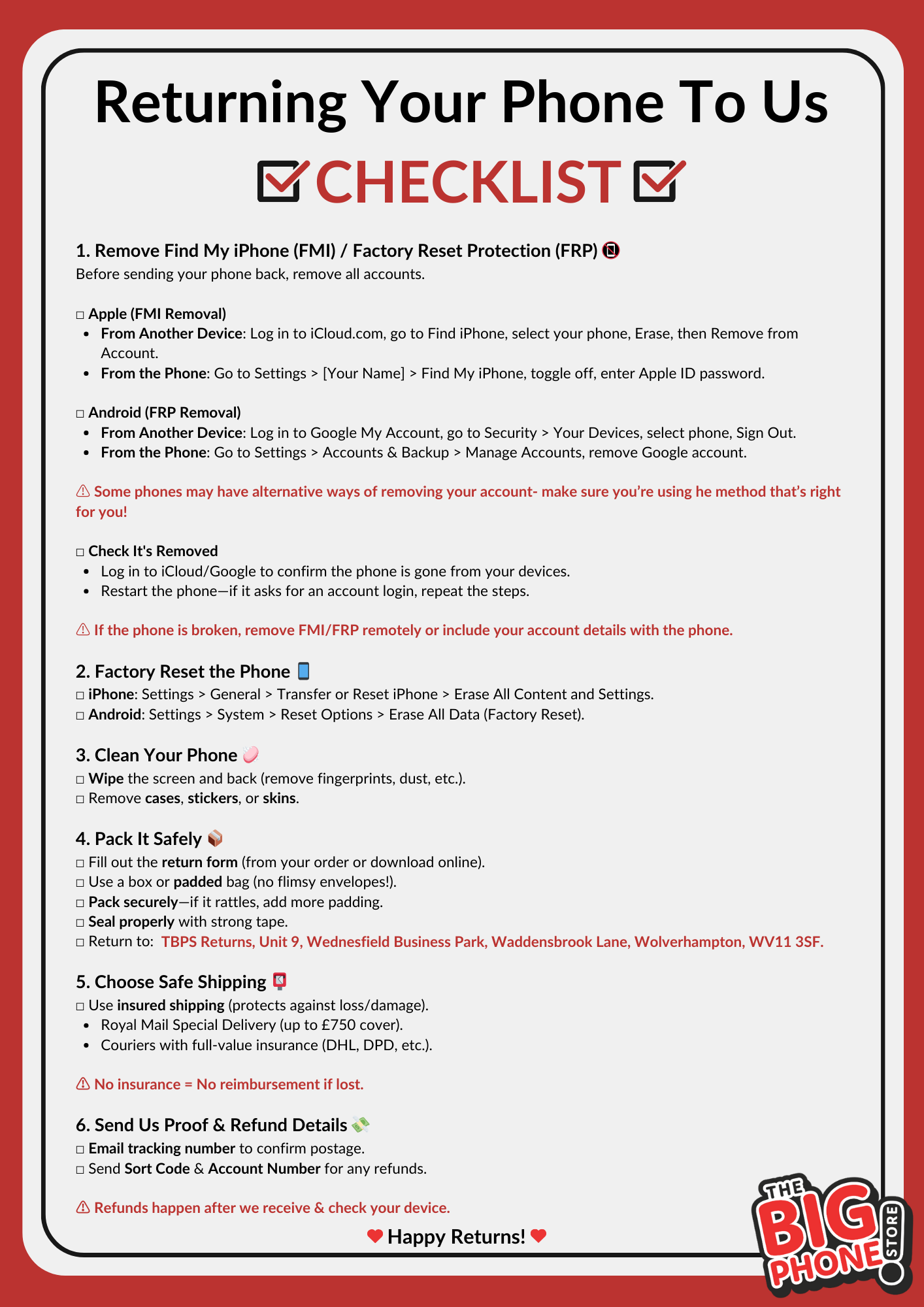 Returning your phone (checklist)