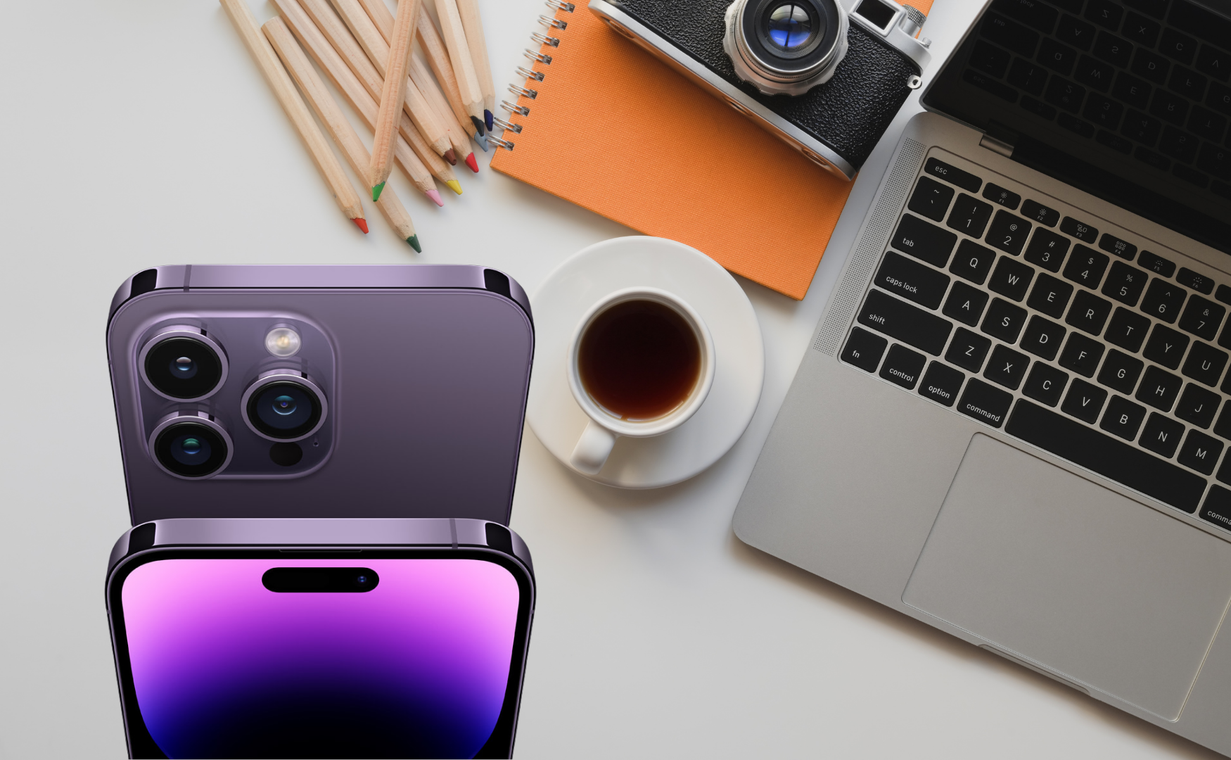 Iphone 14 Pro Colours: Build The Desk Setup To Match Iphone 14 pro colours: purple with artsy, creative desk background